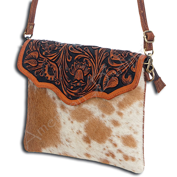 ADBG405 Luxury Hair on Hide Envelope Bag with Intricate Hand-Tooled Leather Details