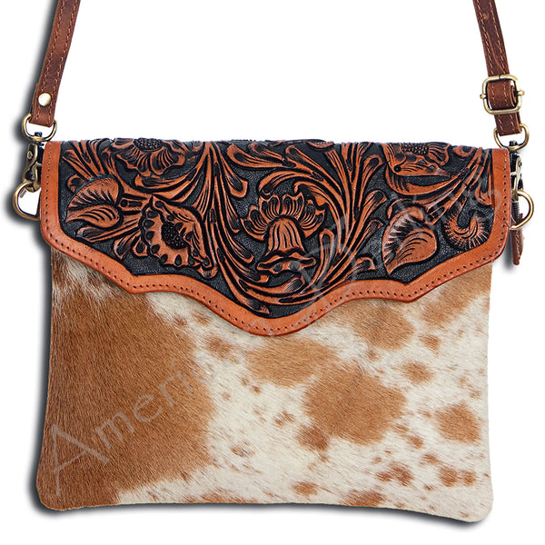 ADBG405 Luxury Hair on Hide Envelope Bag with Intricate Hand-Tooled Leather Details