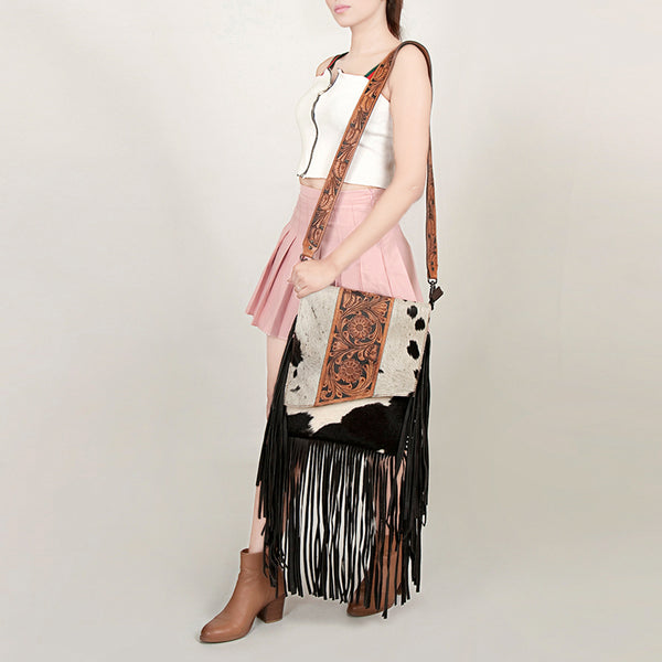 ADBGZ124 Cowhide Messenger Bag with Fringe and Tooled Leather Flap