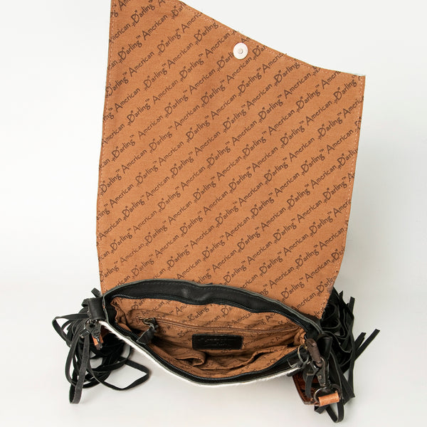 ADBGZ124 Cowhide Messenger Bag with Fringe and Tooled Leather Flap