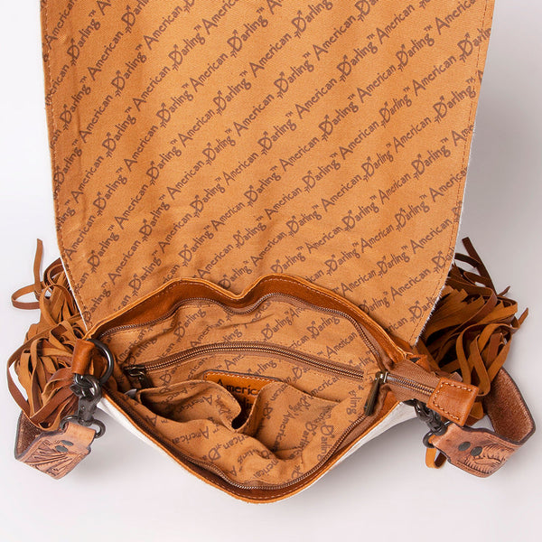 ADBGZ124 Cowhide Messenger Bag with Fringe and Tooled Leather Flap