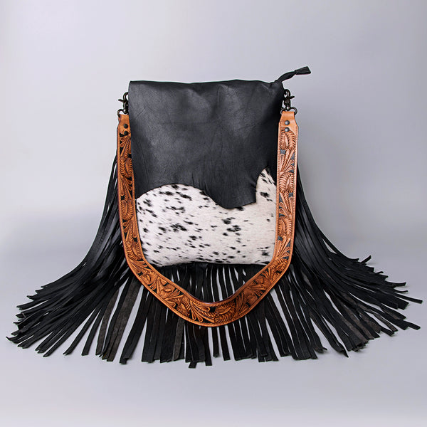 LC-ADBGZ137BKW Black & White Cowhide Messenger Bag with Raw Edge Flap and Tooled Strap