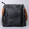 LC-ADBGZ137BKW Black & White Cowhide Messenger Bag with Raw Edge Flap and Tooled Strap
