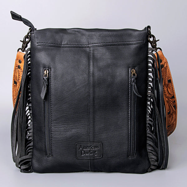 LC-ADBGZ137BKW Black & White Cowhide Messenger Bag with Raw Edge Flap and Tooled Strap