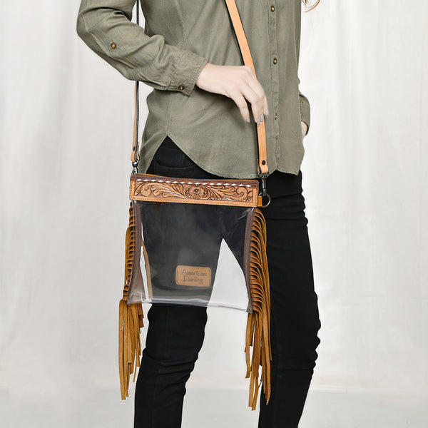 LC-ADBGZ148 Clear Fringe Stadium Clear Bag with Hand-Tooled Leather Trim - Western Game Day Bag