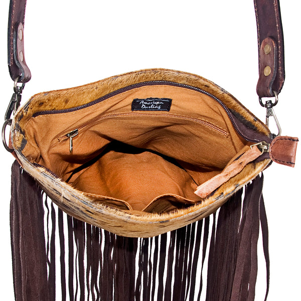 ADBGS192 Splatter Cowhide Large Crossbody Bag with Fringe & Tooled Leather Strap