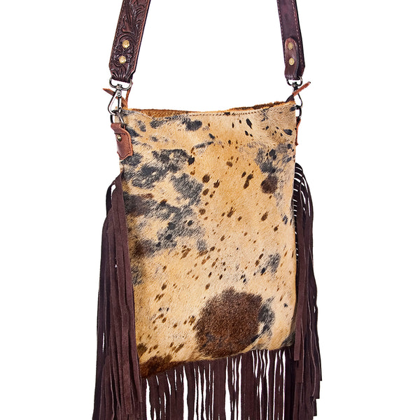 ADBGS192 Splatter Cowhide Large Crossbody Bag with Fringe & Tooled Leather Strap