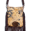 ADBGS192 Splatter Cowhide Large Crossbody Bag with Fringe & Tooled Leather Strap