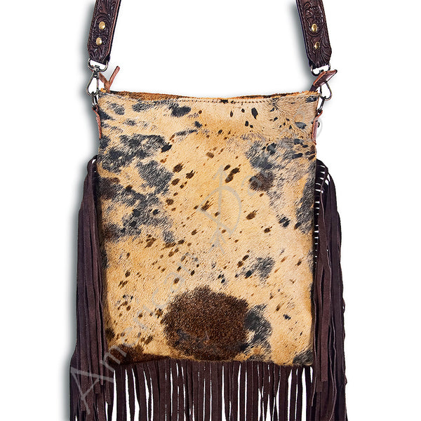 ADBGS192 Splatter Cowhide Large Crossbody Bag with Fringe & Tooled Leather Strap