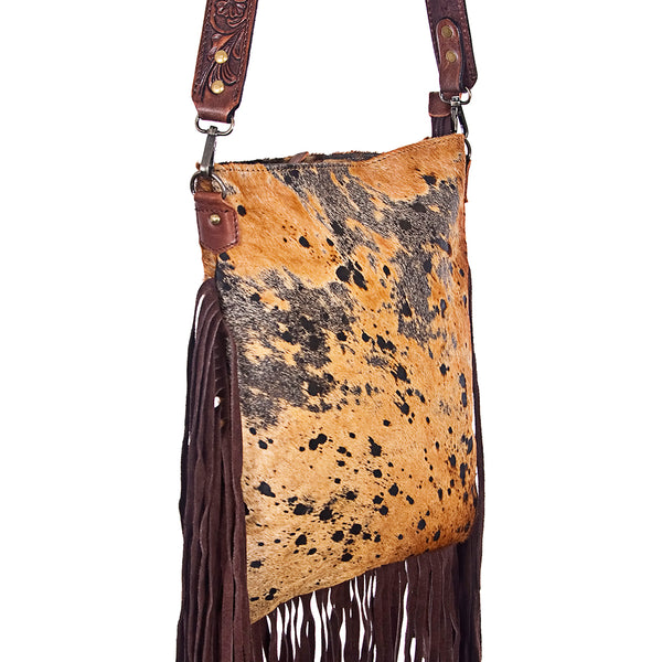ADBGS192 Splatter Cowhide Large Crossbody Bag with Fringe & Tooled Leather Strap