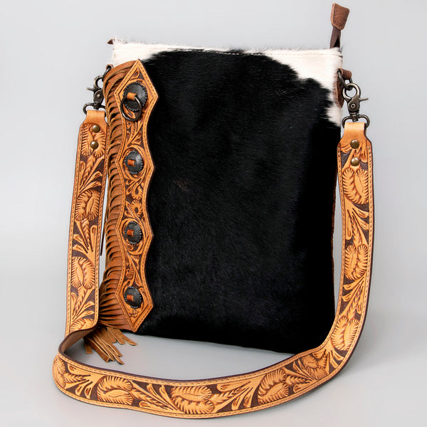 ADBG464BRW Western Black Hair On Hide & Hand Tooled Leather Fringe Chaps Bag
