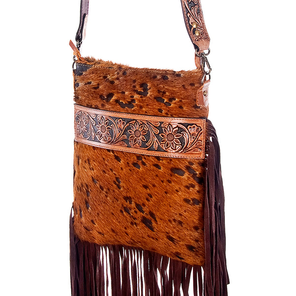 ADBGS192 Cowhide Large Crossbody Bag with Tooled Patch, Fringe & Floral Strap - Western Purse