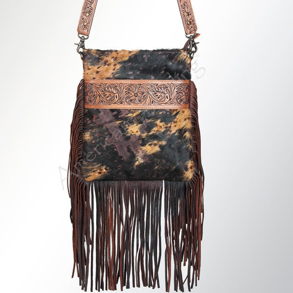 ADBGS192 Cowhide Large Crossbody Bag with Tooled Patch, Fringe & Floral Strap - Western Purse