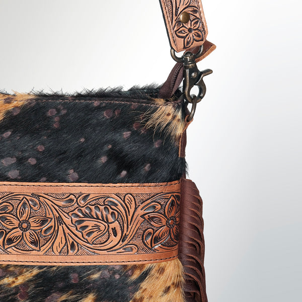 ADBGS192 Cowhide Large Crossbody Bag with Tooled Patch, Fringe & Floral Strap - Western Purse