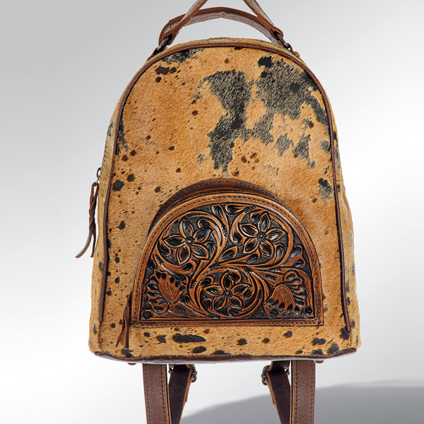 ADBGS156 Genuine Cowhide Leather Backpack with Hand-Tooled Floral Patch - Western Rodeo Style