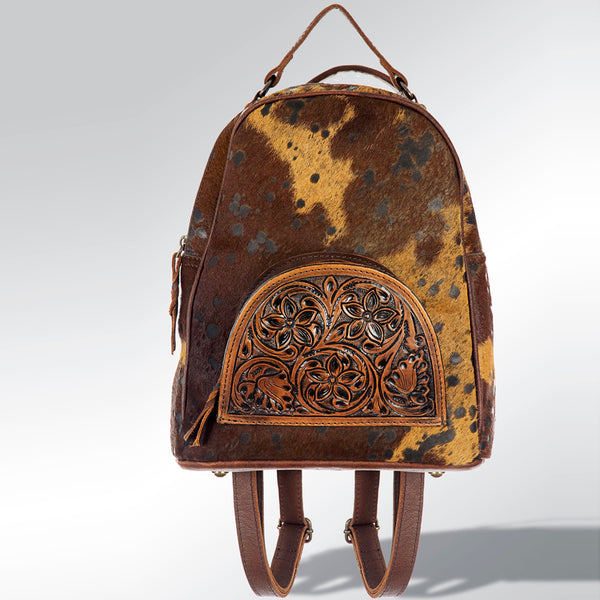 ADBGS156 Genuine Cowhide Leather Backpack with Hand-Tooled Floral Patch - Western Rodeo Style