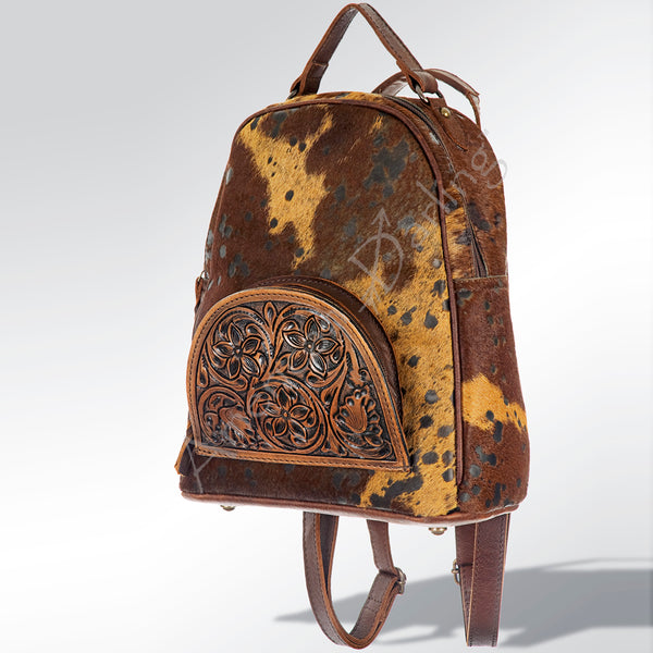 ADBGS156 Genuine Cowhide Leather Backpack with Hand-Tooled Floral Patch - Western Rodeo Style