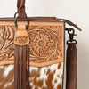ADBGZ200 Tooled Leather & Cowhide Tote Bag with Fringe - Western Handbag with Shoulder Strap