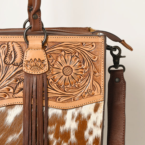 ADBGZ200 Tooled Leather & Cowhide Tote Bag with Fringe - Western Handbag with Shoulder Strap