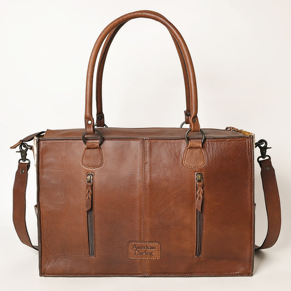 ADBGZ200 Tooled Leather & Cowhide Tote Bag with Fringe - Western Handbag with Shoulder Strap