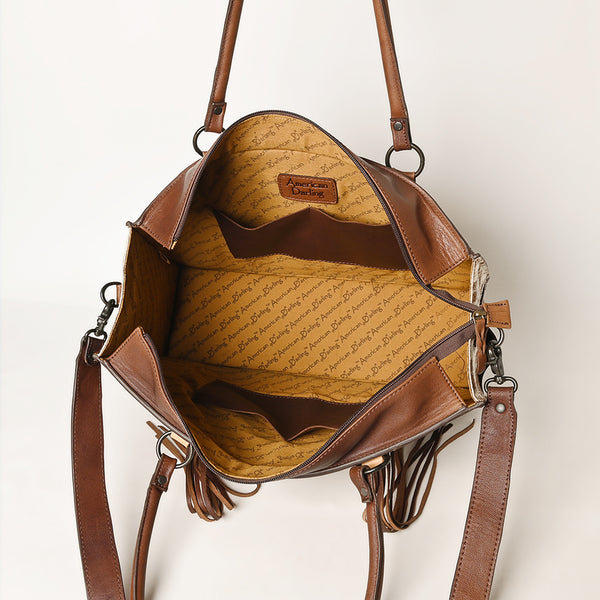 ADBGZ200 Tooled Leather & Cowhide Tote Bag with Fringe - Western Handbag with Shoulder Strap