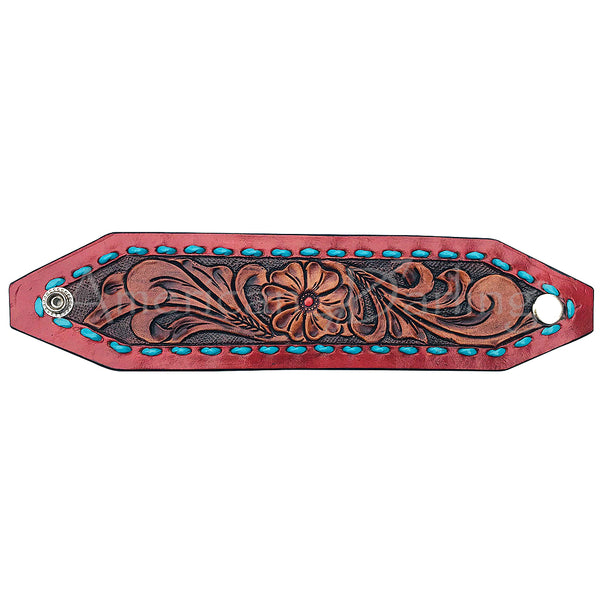 LC-ADBRF105 Tooled Leather Wristband - Floral Design with Red Edge & Turquoise Whipstitch