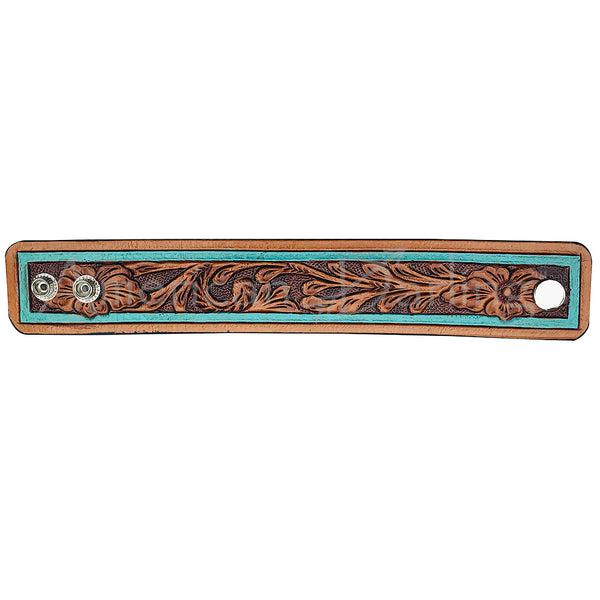 LC-ADBRF113 Hand-Tooled Leather Wristband - Turquoise Border with Floral Design