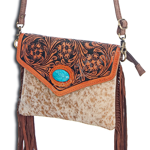 ADBGD101 American Darling Western Hand Tooled Floral Envelope - Turquoise Stone & Cowhide