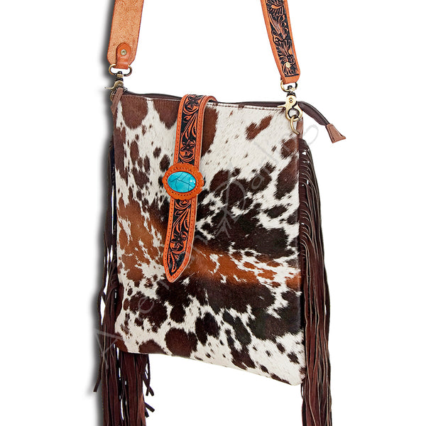 ADBGD102 American Darling Western Large Cross body Bag - Hand Tooled Floral Leather & Hair-on Cowhide