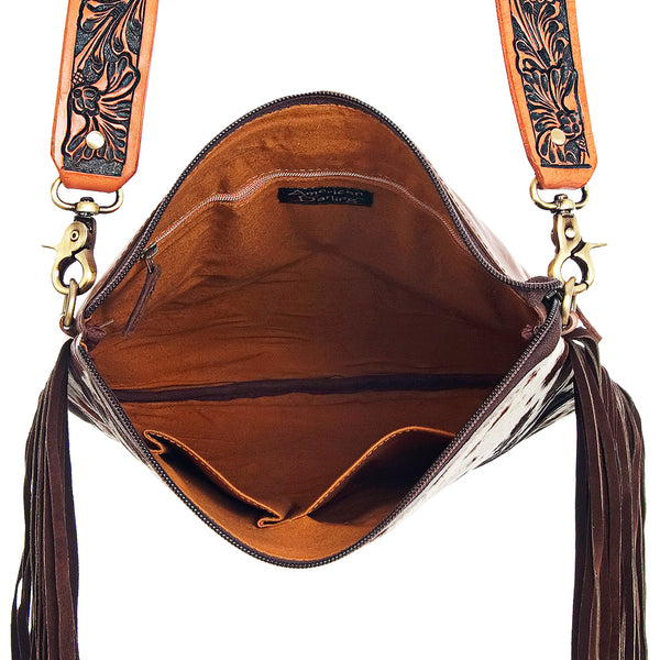 ADBGD102 American Darling Western Large Cross body Bag - Hand Tooled Floral Leather & Hair-on Cowhide
