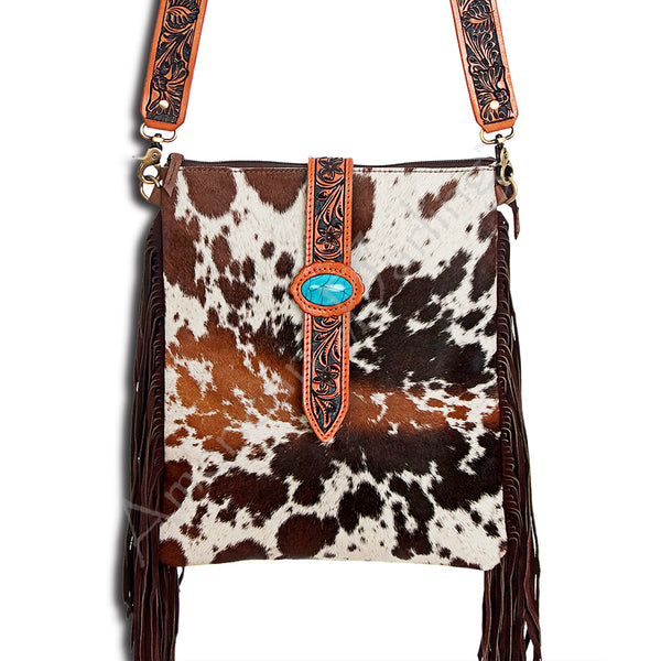 ADBGD102 American Darling Western Large Cross body Bag - Hand Tooled Floral Leather & Hair-on Cowhide