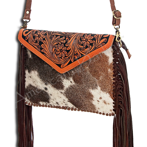 ADBGD104 American Darling Hand Tooled Floral & Cowhide Leather Envelope with Fringes