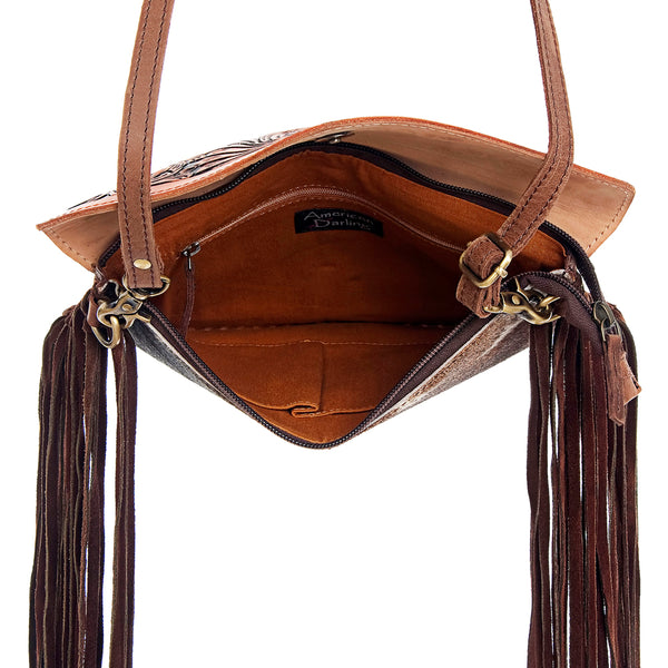 ADBGD104 American Darling Hand Tooled Floral & Cowhide Leather Envelope with Fringes