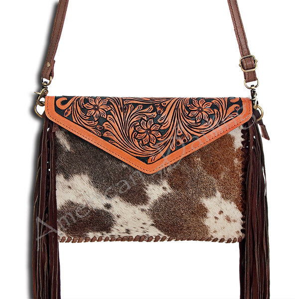 ADBGD104 American Darling Hand Tooled Floral & Cowhide Leather Envelope with Fringes