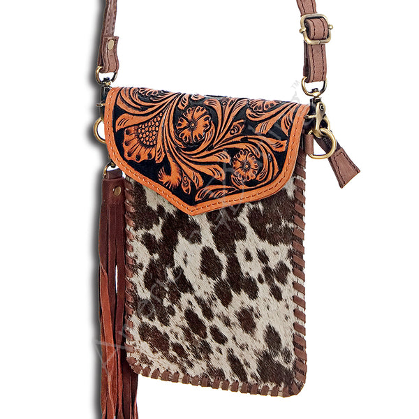 ADBGD105 American Darling Hand Tooled Floral & Cowhide Leather Messenger Bag with Fringes