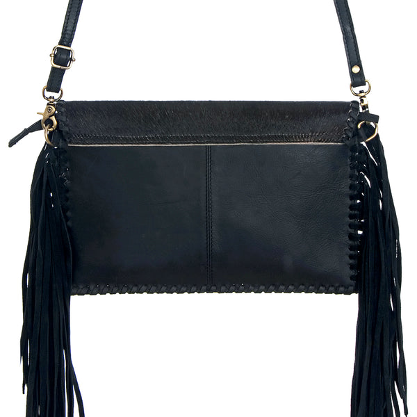 ADBGD106 American Darling Hair-On Cowhide Crossbody Bag with Tooled Leather Star Patch & Fringe