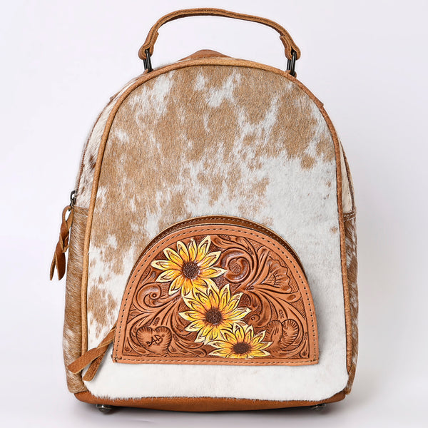 ADBGS156 Natural Cowhide Leather Backpack with Hand-Tooled Floral Pocket - Western Style