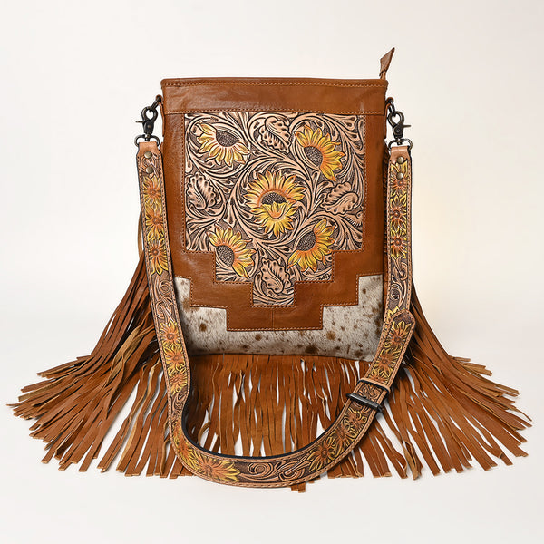 ADBG256 American Darling Messenger Bag - Hand Tooled Floral Leather & Hair-On Cowhide Purse
