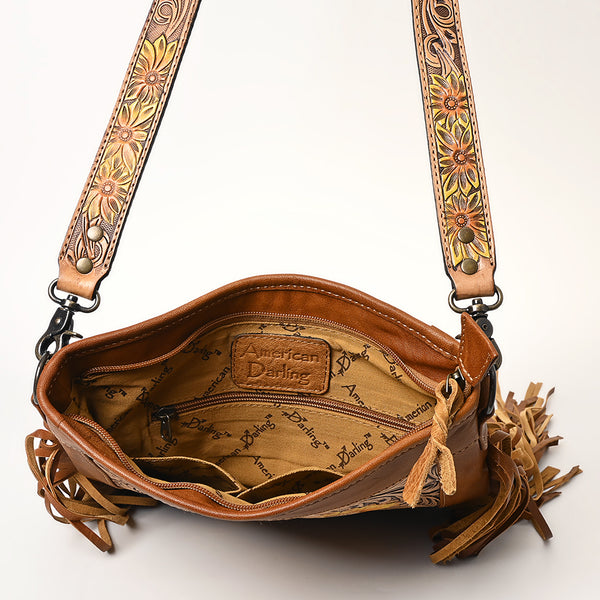 ADBG256 American Darling Messenger Bag - Hand Tooled Floral Leather & Hair-On Cowhide Purse