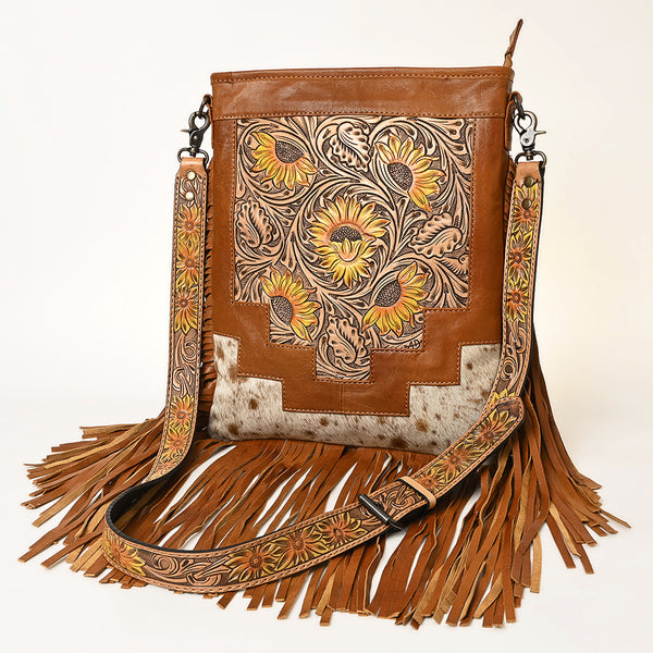 ADBG256 American Darling Messenger Bag - Hand Tooled Floral Leather & Hair-On Cowhide Purse
