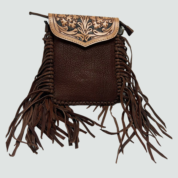 ADBGD108 American Darling Hand Tooled Floral Leather Small Cross body Bag with Fringes