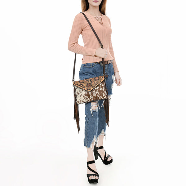 ADBGD112 American Darling Hand Tooled Floral & Hair-On Cowhide Leather Envelope with Fringes