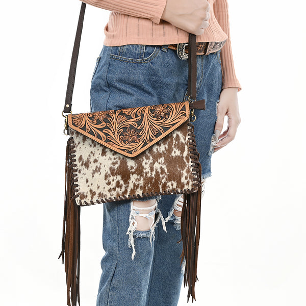 ADBGD112 American Darling Hand Tooled Floral & Hair-On Cowhide Leather Envelope with Fringes