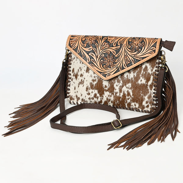 ADBGD112 American Darling Hand Tooled Floral & Hair-On Cowhide Leather Envelope with Fringes