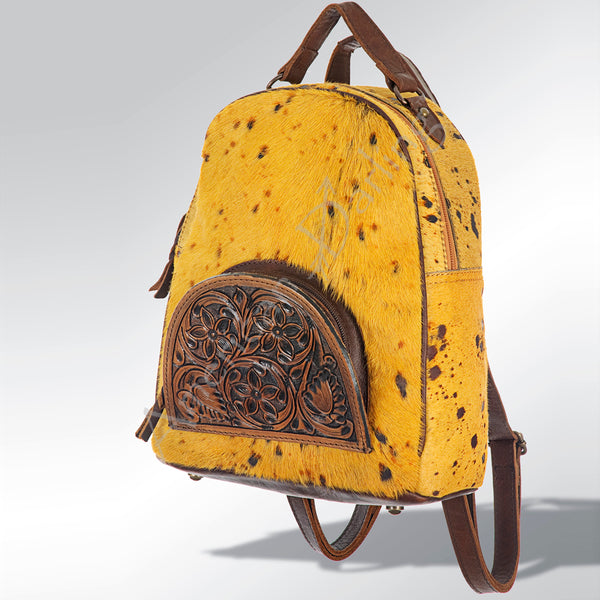 ADBGS156 Natural Cowhide Leather Backpack with Hand-Tooled Floral Pocket - Western Style
