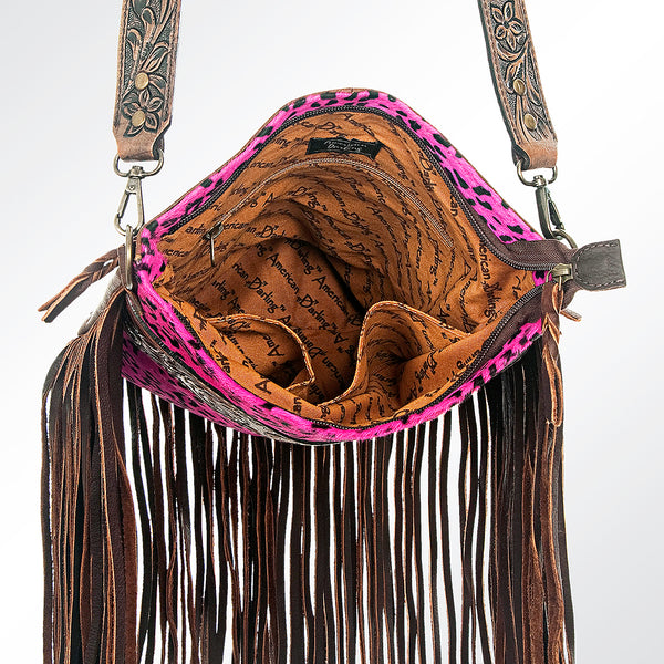 ADBGS192 Cowhide Large Crossbody Bag with Tooled Patch, Fringe & Floral Strap - Western Purse
