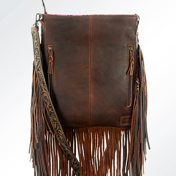 ADBGS192 Cowhide Large Crossbody Bag with Tooled Patch, Fringe & Floral Strap - Western Purse