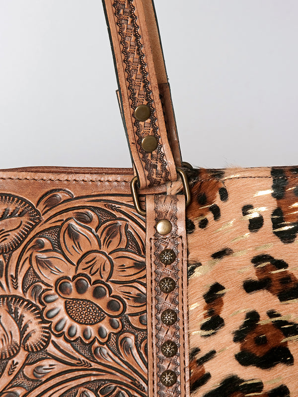 ADBG502 American Darling Tote Bag - Hair-On Cowhide & Hand Tooled Floral Leather with Rivets