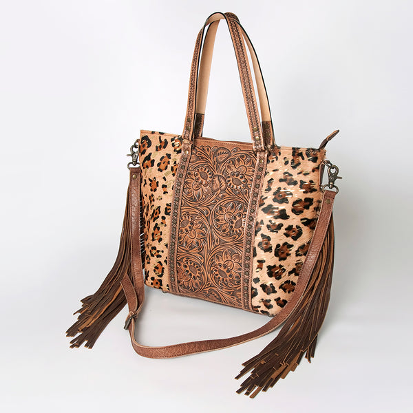 ADBG502 American Darling Tote Bag - Hair-On Cowhide & Hand Tooled Floral Leather with Rivets