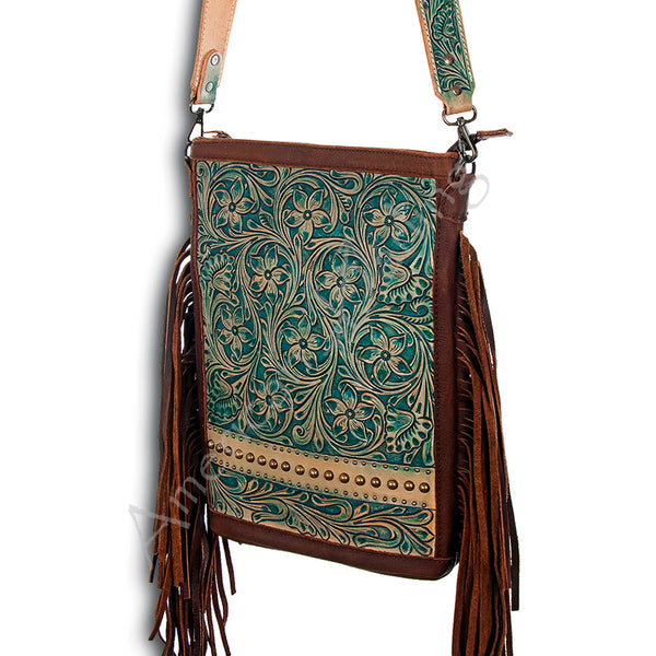 ADBG507 American Darling Large Cross body Bag - Hand Tooled Floral Leather & Western Fringe Crossbody